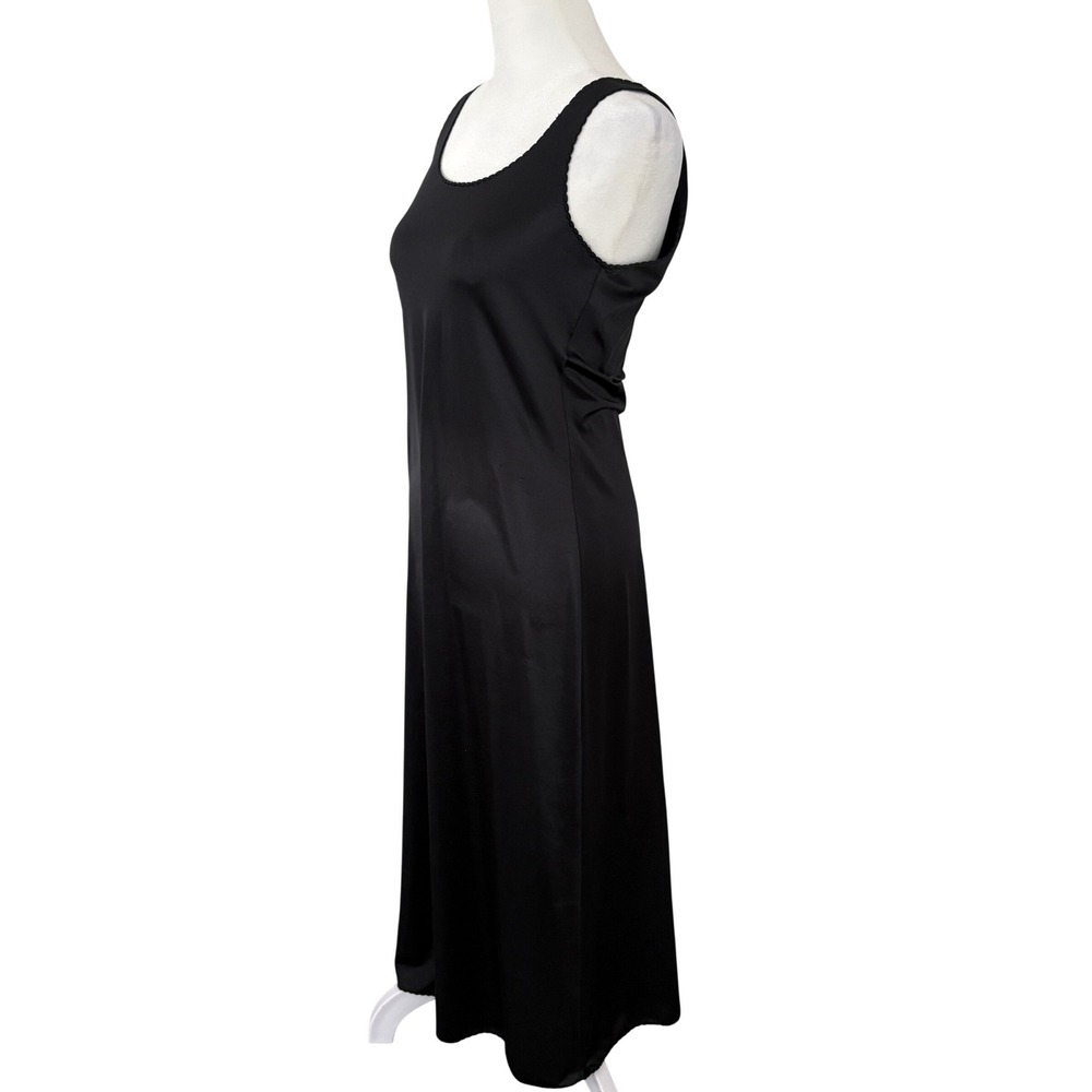 Vintage Black Satin‎ Maxi Slip Dress Scalloped Trim Scoop Neck Small Lingerie